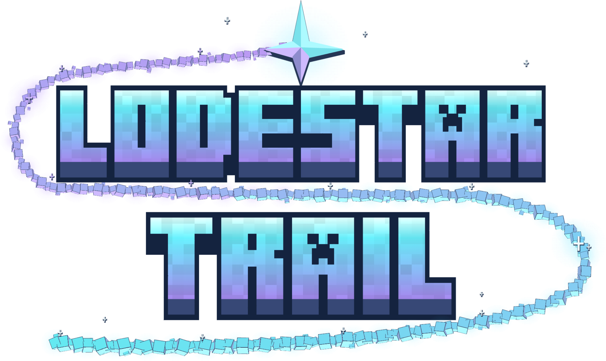 Lodestar Trail: the name in glowing teal and violet blocks under a four-pointed star, with a trail of light blocks looping around the words.