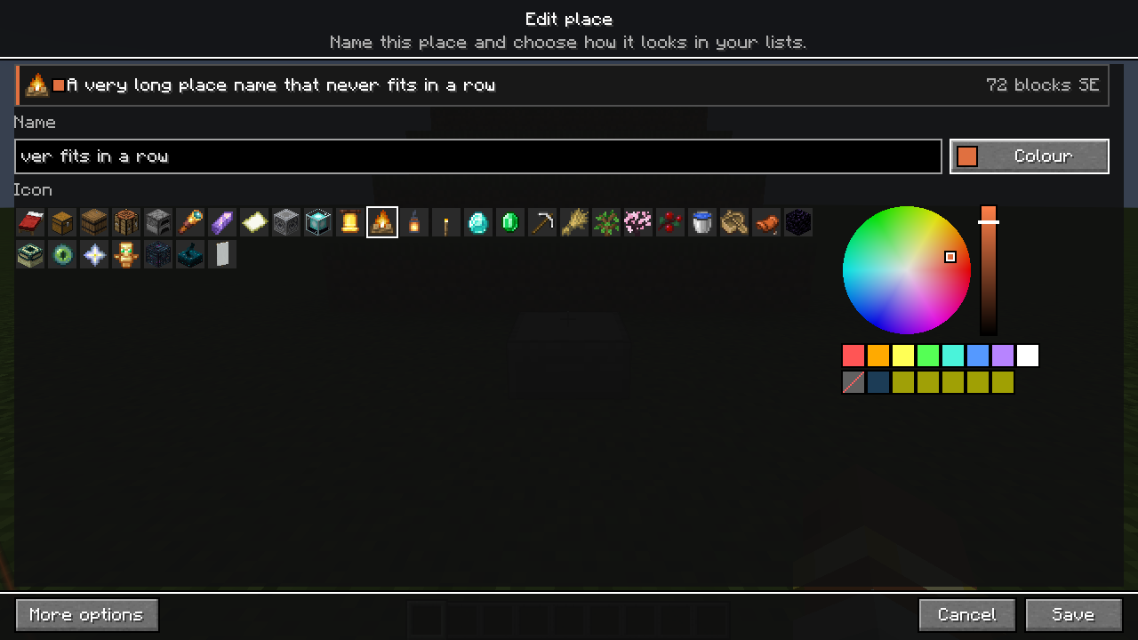 The Edit place screen with a name field, a grid of Minecraft item icons and an open colour wheel with swatches.